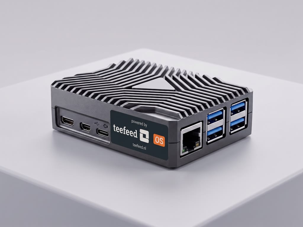 De teefeed-box: een compact metalen kastje met koelribben en aansluitingen voor HDMI, USB en netwerk.