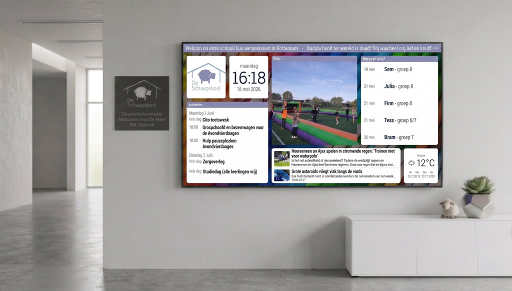 Een TV in een schoolhal met een teefeed-scherm: klok, agenda van de dag, foto's, verjaardagen, nieuws en weer.