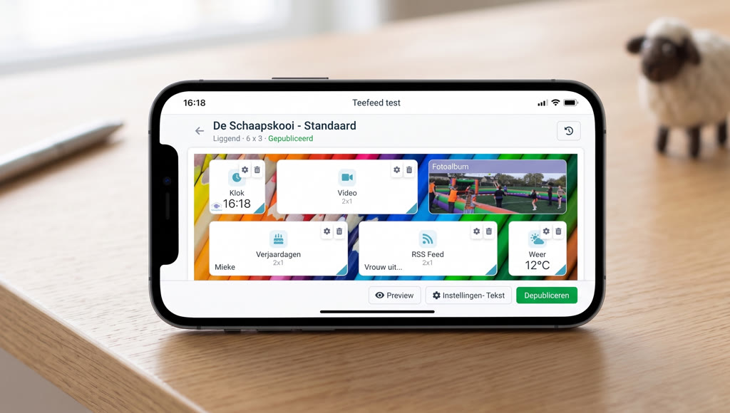 De schermbewerker van teefeed op een telefoon, met vlakken voor klok, video, fotoalbum, verjaardagen, nieuws en weer.